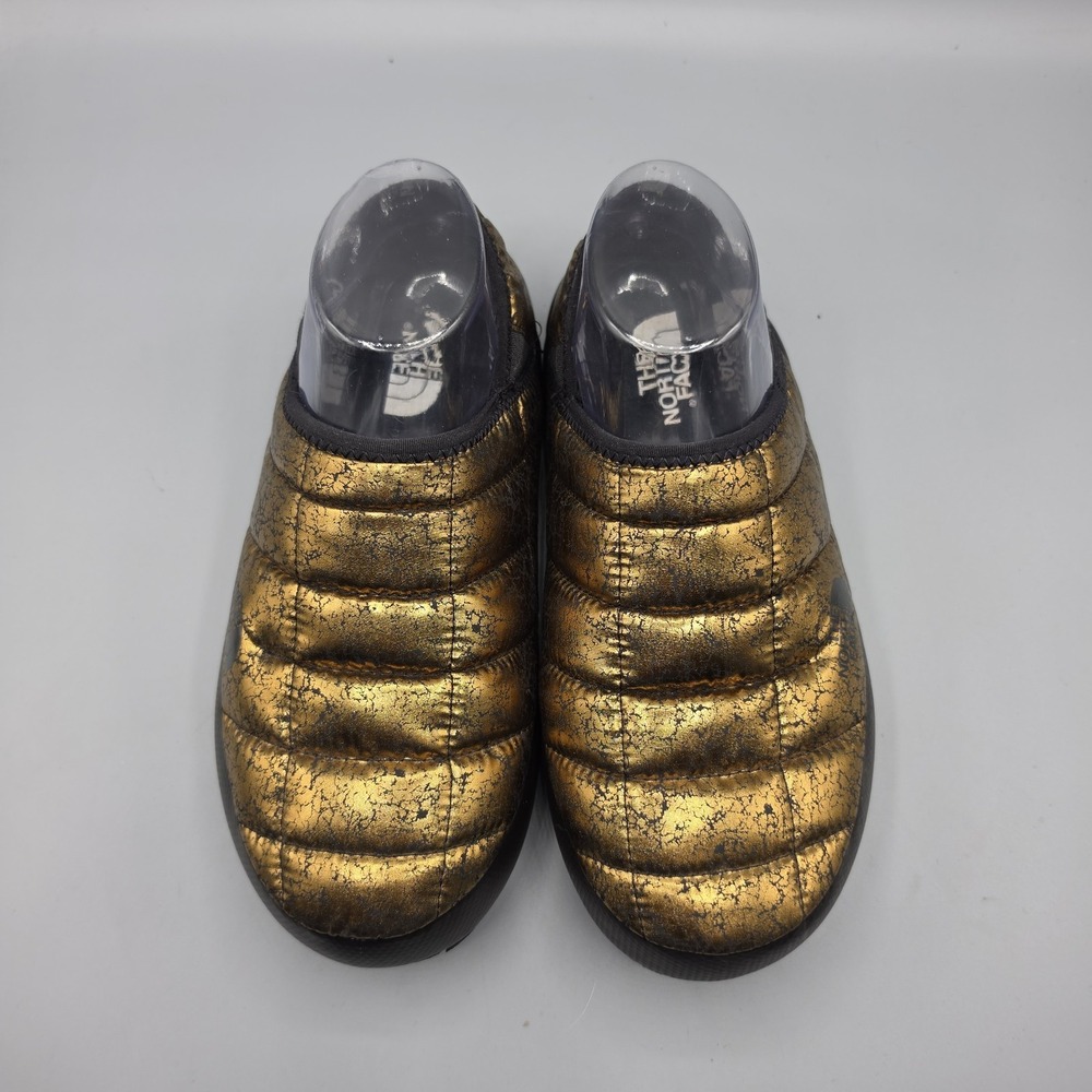 The North Face Thermoball Slippers Womens  7 Gold Black Faux Fur Lined Hard Sole - Picture 4 of 14